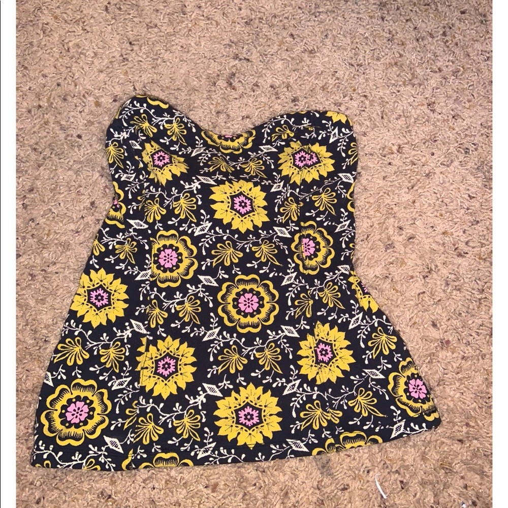Free People Strapless Black Floral Sunburst Top with Yellow and Pink